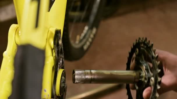 Close-up in een werkplaats repareren van fietsen de kapitein smeert de as van de pedaal vergadering voor onderhoud. Fiets reparatie — Stockvideo