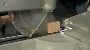 Yakın çekim, bir daire testere ile bir makinede çalışan el mans. Ahşap kütük dairesel kesme