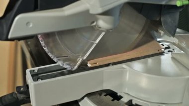 Bir daire testere ile bir makinede çalışan yakın çekim. Ahşap kütük dairesel kesme