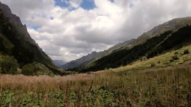 Kväll time-lapse i bergen i Dombai i norra Kaukasus innan regnet. Ravinen med mellersta skogen — Stockvideo