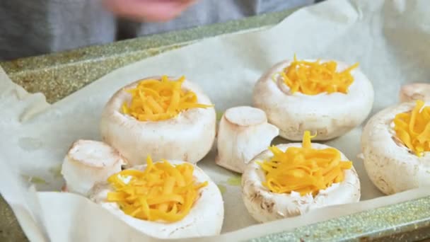 Primer plano de las manos femeninas extendiendo setas rellenas de queso en una bandeja para hornear mientras se cocina — Vídeos de Stock