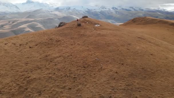 Vista aérea. Chica viajera con una cámara en el cuello caminando por la ladera con hierba amarilla contra el telón de fondo de las montañas y una meseta con nubes al atardecer — Vídeos de Stock