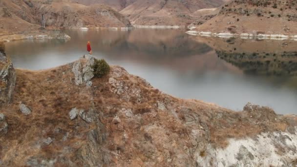 Vista aérea de una niña de pie sobre una roca en la orilla de un lago. Viajes vídeos — Vídeo de stock