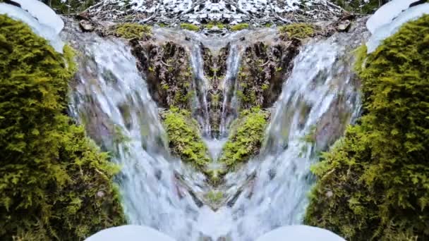 雪と緑の苔の隣の冬の渓流のスローモーションクローズアップ。万華鏡効果サイケデリック反射。自然きれいな水の抽象化 — ストック動画