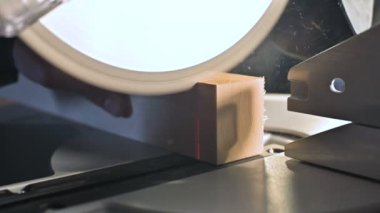 Büyük yakın çekim. Elektrikli daire testere makinesi ile ahşap tahta kesme bir marangoz. Toz parçacıklarının ve testere bıçağının yavaş hareketi
