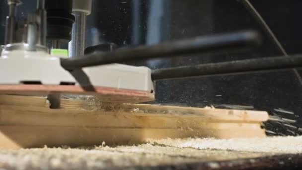 Primer plano de la mano de un carpintero que trabaja con un cortador eléctrico manual en un taller casero. Acabado de piezas de madera en cámara lenta — Vídeos de Stock