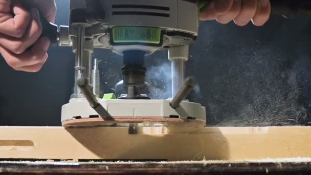 Gros plan. Un menuisier coupant une planche de bois avec une scie électrique. Mouvement lent des particules de poussière et lame de scie — Video