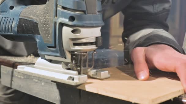 Gros plan. Un menuisier coupant une planche de bois avec un puzzle électrique. Mouvement lent des particules de poussière et lame de scie — Video