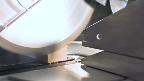 Close-up de um trabalho em uma máquina com uma serra circular. Corte de tarugos de madeira máquina circular em câmera lenta — Vídeo de Stock