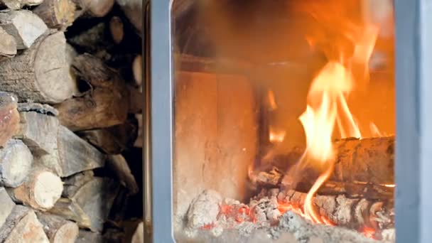 Gros plan de la combustion de bois de chauffage dans un poêle moderne fait maison derrière du verre réfractaire pendant la journée à côté d'une grande pile de bois de chauffage. Énergie respectueuse de l'environnement 
