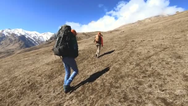 Dois turistas fotógrafos com mochilas em chapéus e óculos de sol subir a colina na grama amarela com câmeras em suas mãos contra o fundo de montanhas nevadas. câmara lenta — Vídeo de Stock