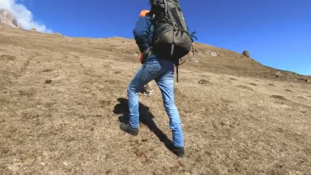 Два туриста-фотографа в рюкзаках в шляпах и солнцезащитных очках поднимаются на холм по желтой траве с камерами в руках на фоне заснеженных гор. замедленное движение — стоковое видео