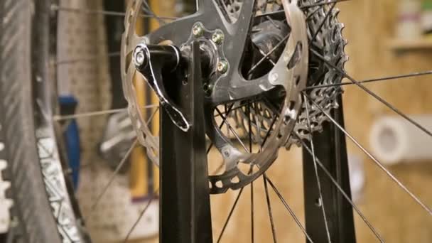 Primer plano de una mano maestra desmontando una aguja de tejer doblada en un soporte de mantenimiento para ruedas de bicicleta — Vídeos de Stock