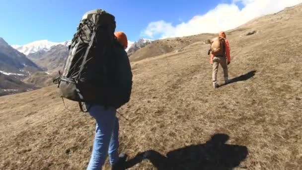 Два туриста-фотографа в рюкзаках в шляпах и солнцезащитных очках поднимаются на холм по желтой траве с камерами в руках на фоне заснеженных гор. замедленное движение — стоковое видео