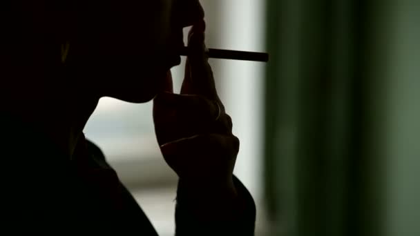 Крупный план силуэта женского лица, засовывающего сигарету в губы и воспламеняющего ее зажигалкой и выдыхающим дымом. Грамматическая концепция о вреде курения в невысоком ключе — стоковое видео
