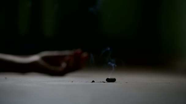 Gros plan de la silhouette d'une femme face à coller une cigarette dans ses lèvres et l'allumer avec un briquet. Le concept sinistre des méfaits du tabagisme en mode discret — Video