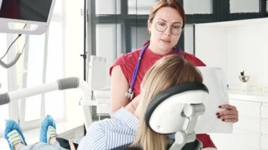 Gözlüklü bir diş hekimi kadın ile istişare genç bir kız bir stamotoloji ofisinde bir sandalyede oturuyor. Doktor ve hastanın konuşma
