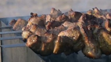 Yakın çekim lezzetli et dilimleri şiş üzerinde güneşli bir gün ızgara açık havada kızarmış. Sulu kebap et çanak