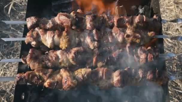 Close-up de deliciosas fatias de carne em espetos fritos ao ar livre na grelha em um dia ensolarado. Prato de carne de kebab suculento — Vídeo de Stock