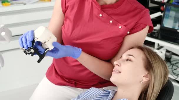 Female dentist shows and explain problem on gypsum model to young woman patient — Stock Video