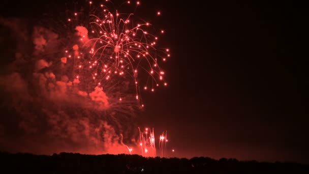 Deslumbrante fogos de artifício em grande escala com luzes brilhantes acima do horizonte. Câmera ao vivo — Vídeo de Stock