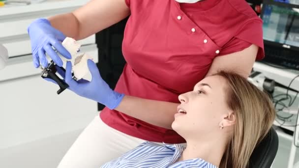 Vrouwelijke tandarts shows en uitleggen probleem op gipsmodel aan jonge vrouw patiënt — Stockvideo