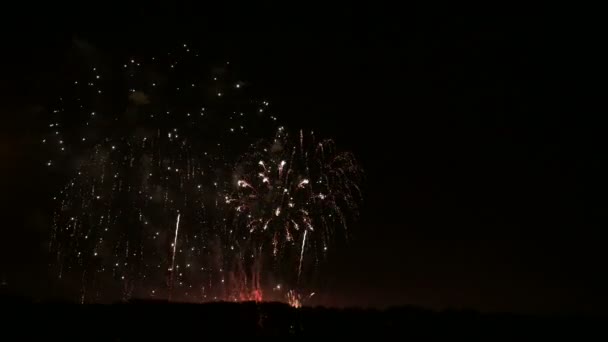 Olśniewające fajerwerki na dużą skalę z jasnymi światłami nad horyzontem. Kamera na żywo — Wideo stockowe