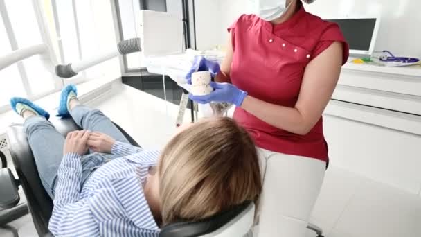 Vrouwelijke tandarts shows en uitleggen probleem op gipsmodel aan jonge vrouw patiënt — Stockvideo