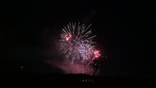 Fuochi d'artificio su larga scala abbaglianti con luci brillanti sopra l'orizzonte. Telecamera live — Video Stock