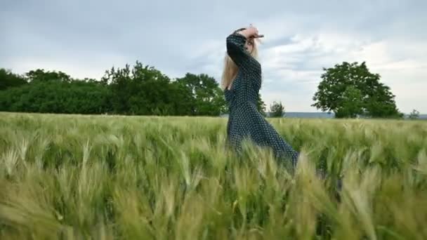 低角側図。ゆるい緑色のドレスを着た若いブロンドの女の子が、小麦の緑の畑をゆっくりと歩きます。女性の自立の概念と古い規則や規制からの逸脱 — ストック動画