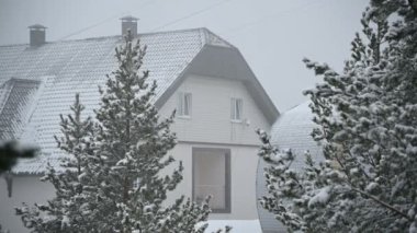 Konuk evi kışın kar yağışı kozalaklı ormanda. Yavaş çekimde düşen kar ile yumuşak karlı Noel sabahı. Video arka planı
