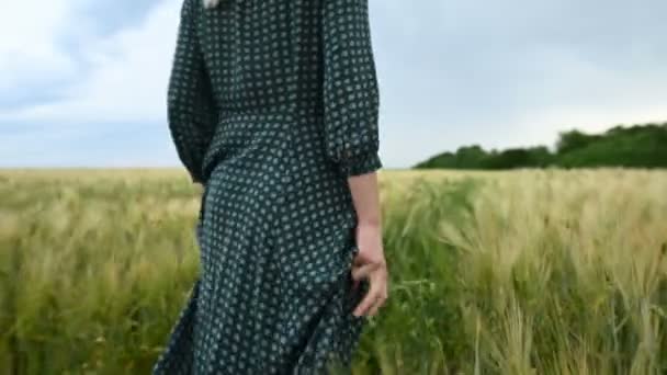 Вид спереду. Молода блондинка у вільній зеленій сукні неквапливо ходить уздовж зеленого поля пшениці. Концепція свободи і незалежності жінок — стокове відео