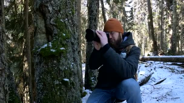 Бородатый фотограф-путешественник с фотоаппаратом в зимнем лесу фотографирует природу. Концепция путешествий для блогеров и фотохудожников — стоковое видео