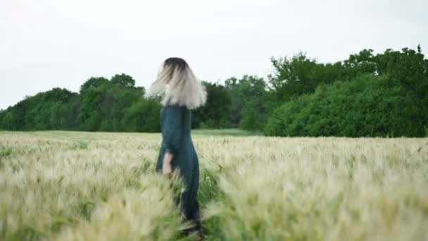 Portrait of a happy attractive Caucasian blonde with wet hair spinning in the rain on nature. Outdoor field of wheat. Happiness hope flirting and coquetry. Shallow depth of field — Stock Video