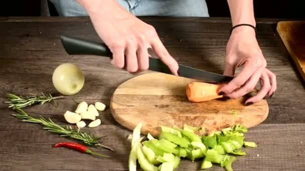 Primer plano de las manos del chef rebanando zanahorias peladas en una tabla de cortar de madera junto a las verduras en rodajas. El concepto de vegetarianismo — Vídeos de Stock