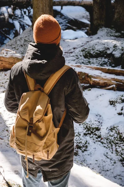 Бородатий чоловік в капелюсі і рюкзак стоїть спиною взимку в хвойному лісі. Концепція зимових подорожей і прогулянок у лісі — стокове фото