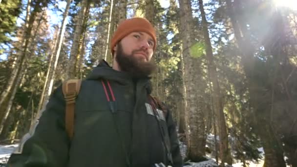 Porträt eines bärtigen jungen Mannes mit Rucksack, der in einem Nadelwald steht — Stockvideo