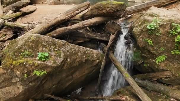 Vista aérea de perto de uma pequena cascata de água entre pedras grandes e troncos velhos secos em uma floresta de verão. Floresta conceito de vida selvagem legal — Vídeo de Stock