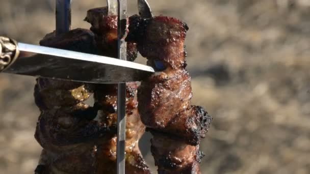 Pedaços de porco fresco assado na grelha são removidos com uma faca de espetos em uma placa sob o céu aberto em um piquenique. Conceito de comida ao ar livre e churrasco caucasiano — Vídeo de Stock