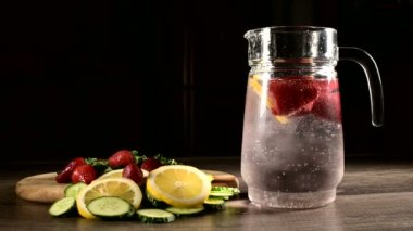 Taze meyve ve köpüklü maden suyu limon nane ve salatalık ile dondurulmuş çilek ile karanlık bir arka plan üzerinde Cam karafe. Köpüklü suya meyve atmak