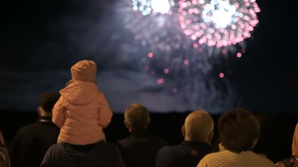 Natt ram bakom folkmassan av människor som tittar på fyrverkerierna. Människor på en semester tittar på en pyroteknisk prestanda — Stockvideo