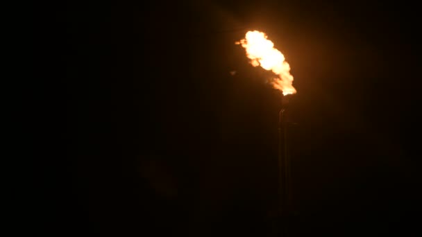 Eine Nachtaufnahme einer brennenden Gasfackel der petrochemischen Produktion in völliger Dunkelheit. Niedrige Ölverbrennung und Umweltverschmutzung. Konzept für ökologische Probleme — Stockvideo