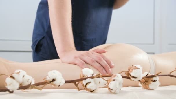 Nahaufnahme eines männlichen Physiotherapeuten, der einer jungen Frau vor Massageanwendungen in einem professionellen Wellness-Salon Massageöl auf den Oberschenkel und das Gesäß reibt. Konzept der Entspannung und Körperpflege in 4k — Stockvideo