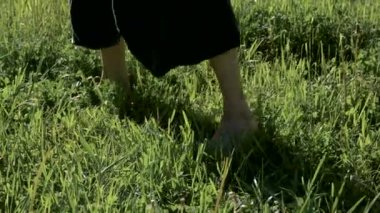 Çimenlerde pratik yapan bir adamın bacaklarının yakın çekim. Qigong egzersizleri çıplak ayak geçiş. Oryantal kültür 4k bir spor yaşam tarzı kavramı