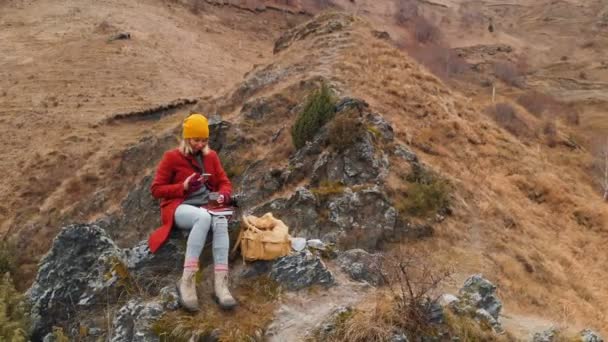 Veduta aerea di una ragazza seduta su una roccia su un lungolago che scatta una foto del paesaggio al telefono e gira un video. Video di viaggio — Video Stock