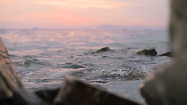 Κοντινό-up αργή κίνηση χαμηλής γωνίας μικρά θαλάσσια κύματα που κυλώντας σε μια βραχώδη παραλία. Παραθαλάσσια. Βραδινό ηλιοβασίλεμα σε μια βραχώδη παραλία με βότσαλα — Αρχείο Βίντεο