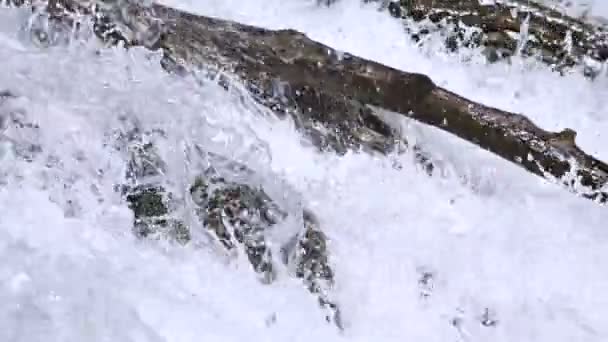 Close-up stones and spray of a stormy mountain river in slow motion with tracking wiring. The concept of global warming and the problem of the amount of fresh water on the planet — Stock Video