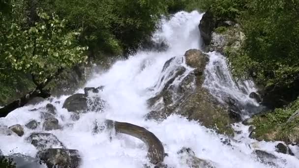 Closeup kövek és spray a viharos hegyi folyó, egy zöld erdőben lassú mozgásban a nyomkövető vezetékek. A globális felmelegedés koncepciója és a bolygón lévő édesvíz mennyiségének problémája — Stock videók