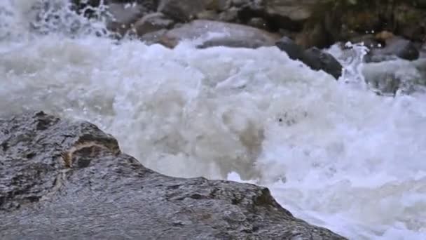 Gros plan pierres et pulvérisation d'une rivière de montagne orageuse au ralenti avec le câblage de suivi. Le concept de réchauffement climatique et le problème de la quantité d'eau douce sur la planète — Video