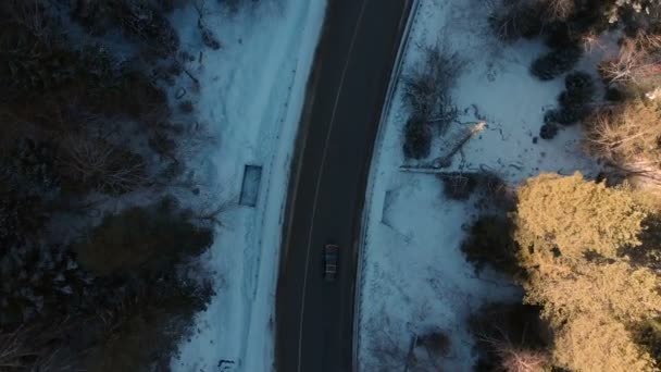 Aerial view of an unknown off-road car driving along an asphalt road in a coniferous winter forest on a sunny day. Winter transportation concept. Low key — Stock Video